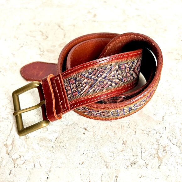 Tapestry Brown Leather Belt Womens Size L Geometric Aztec Indian Brass Buckle - Picture 4 of 8
